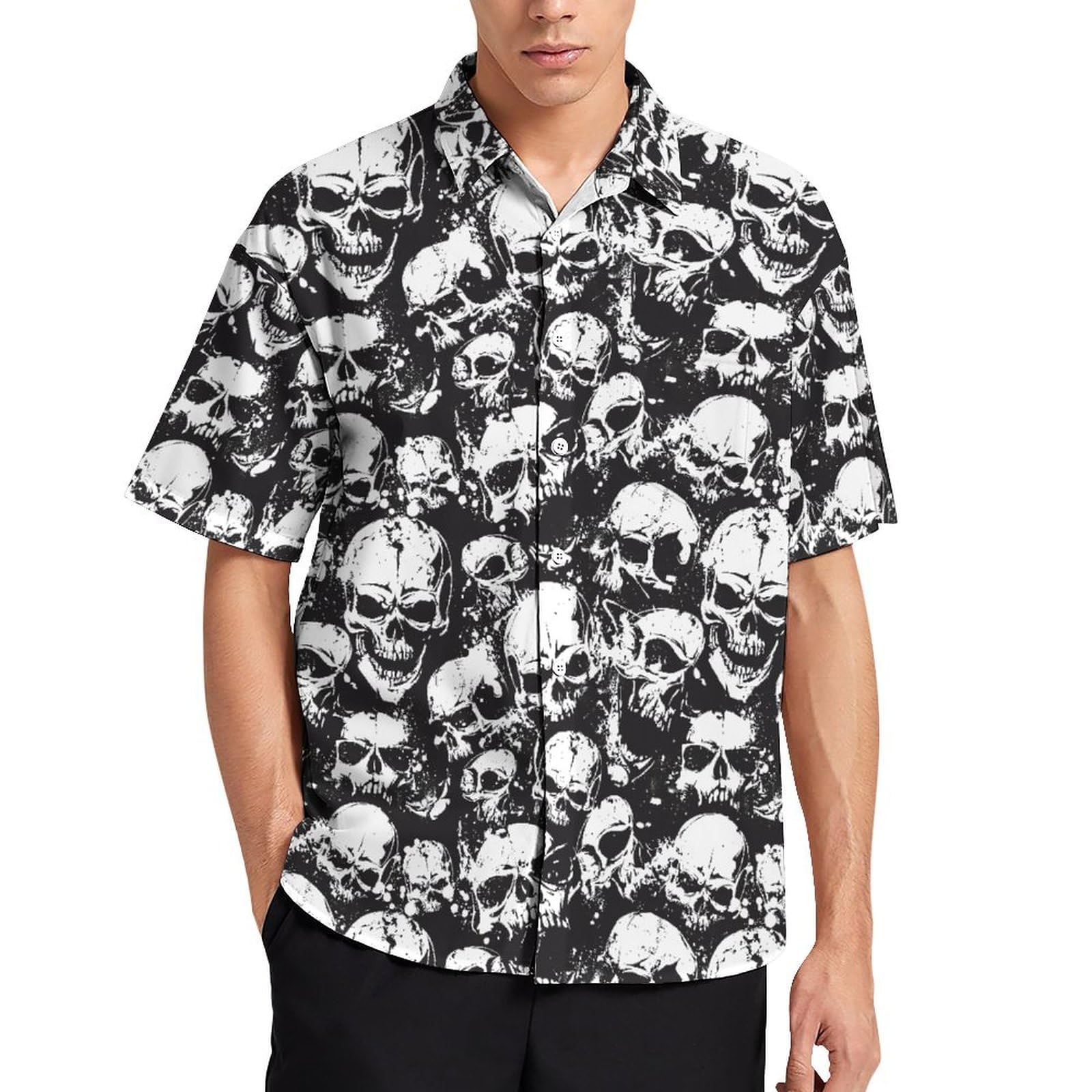 Lurhonp Men's Skull White Hawaiian Shirt Casual Button Down Short Sleeve Aloha Shirts, Xxxxl