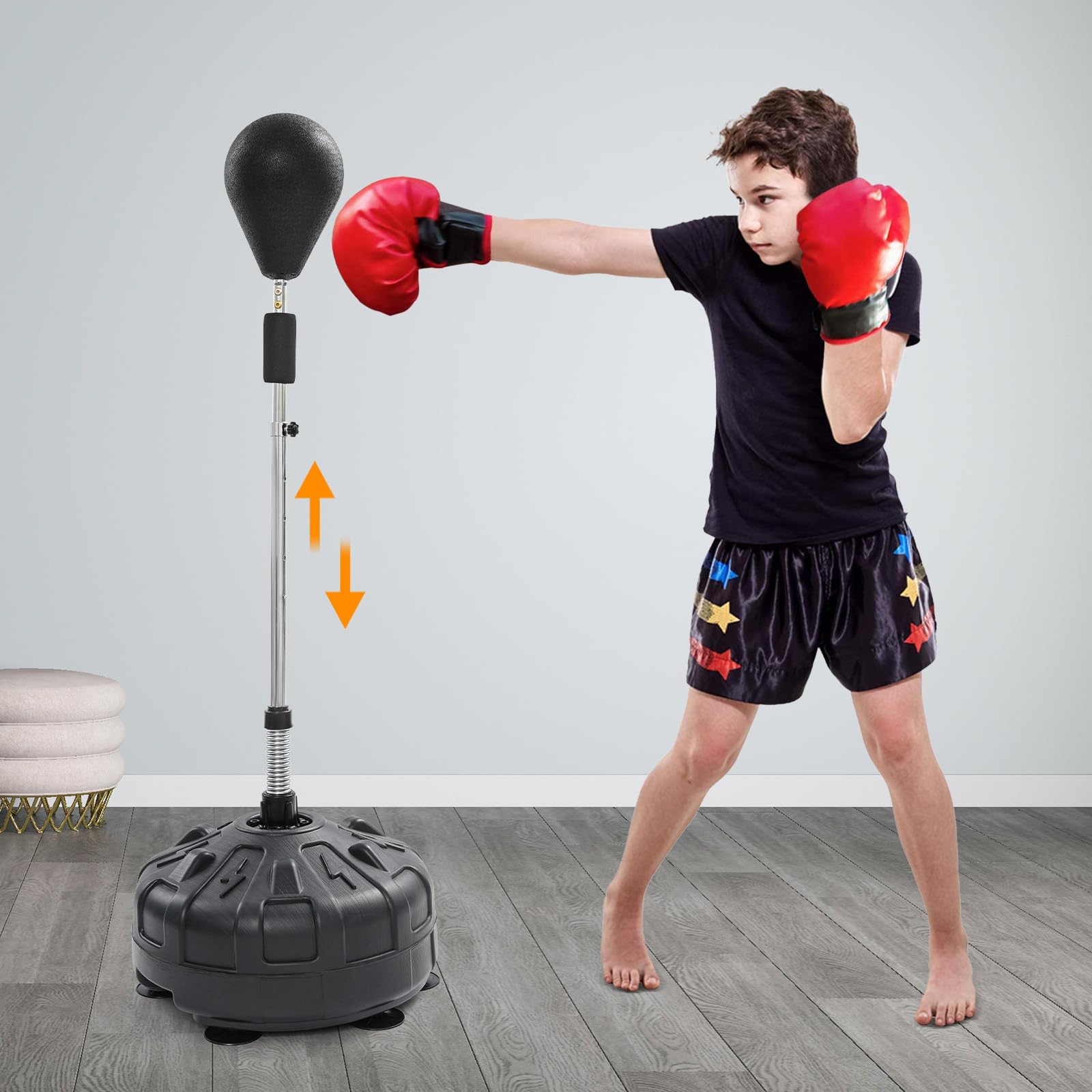 Sacco da boxe in piedi, con supporto, regolabile in altezza 120-160 cm, rimbalzo a 90°, 6 ventose, boxe sport, per professionisti, adolescenti e principianti