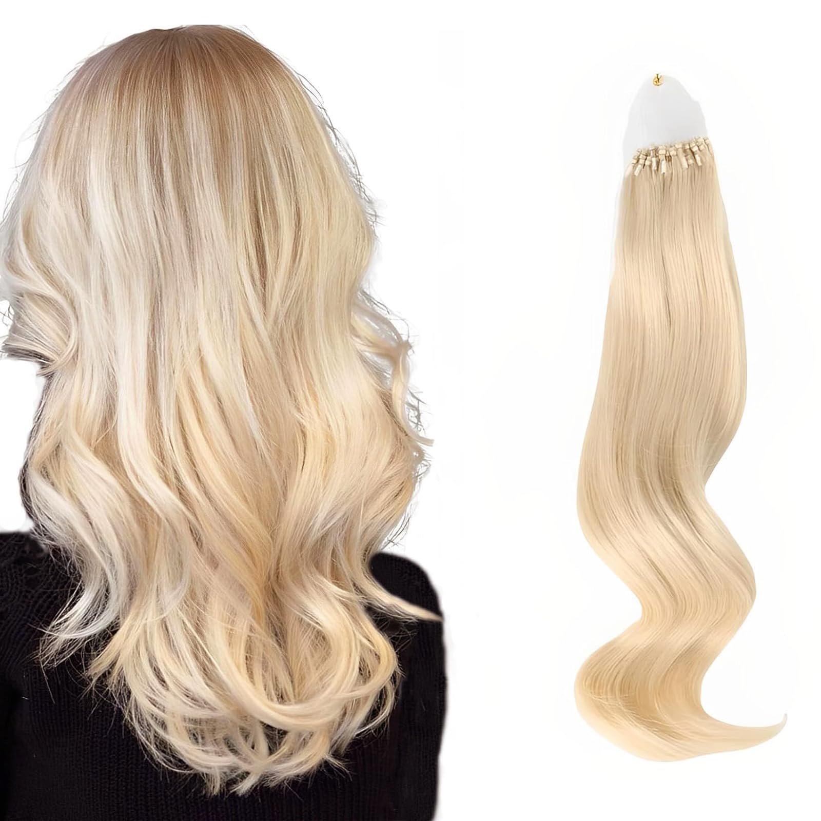 ABH AmazingBeauty Hair Micro Loop Hair Extensions Human Hair Blonde Micro Ring Hair Extensions 50G 50S Microbead Hair Extensions Invisible 16 Inch Color #60 Blonde Microlinks Hair Extensions