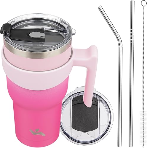 Miniatura 38 de Vaso de 30 onzas con asa y 2 pajitas, 2 tapas, botella de agua aislada de acero inoxidable con vacío, taza de viaje reutilizable, color lavanda