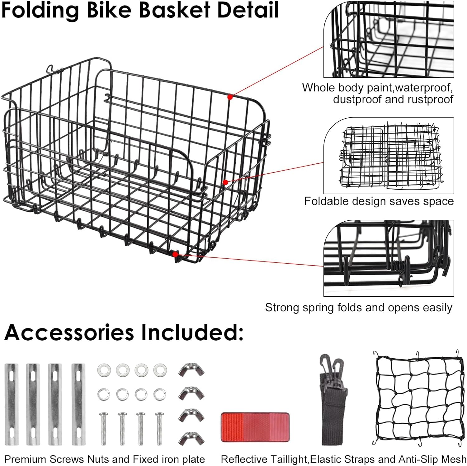 Bike Basket Rear for Adult Bikes Rear Bike Rack Large Rear Bike Basket Capacity with Reflective Light, Foldable Metal Wire Cover Bicycle Baskets Back Rack for Bike Rear Cargo Rack Ebike Cruis