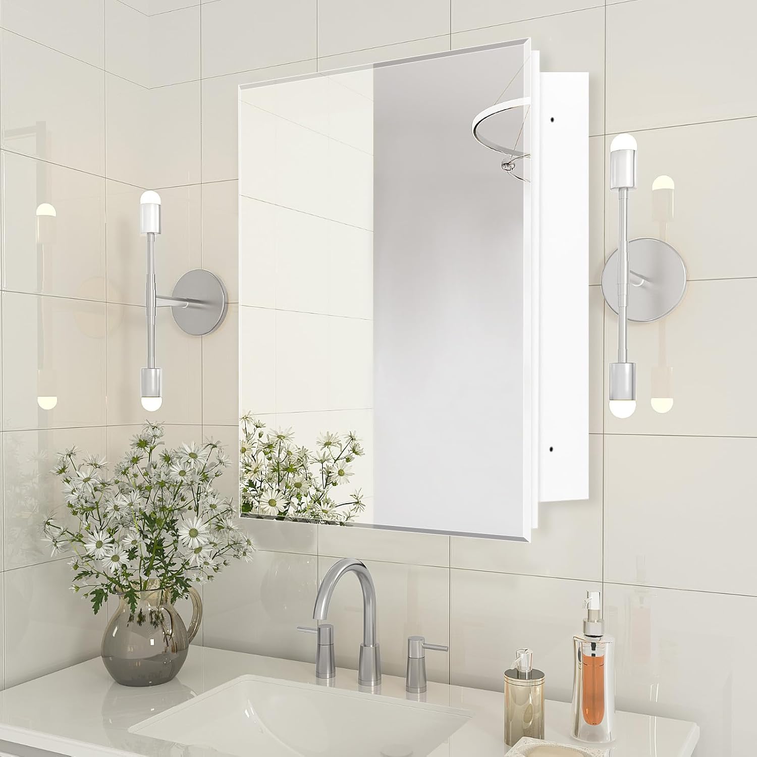 20"x20" Medicine Cabinet,HD Bathroom Mirror Cabinet with Beveled Mirror,Removeable Shelves, Recessed and Surface Mount,Frameless Bathroom Mirror with Storage