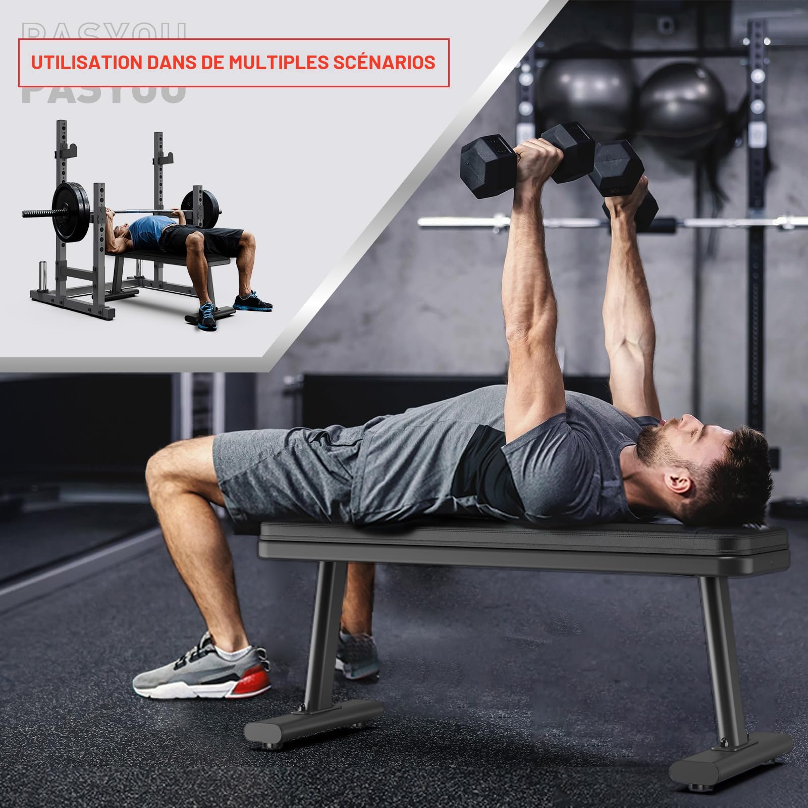 PASYOU PW100 Banc de Musculation, Capacité de Charge Extrême 660 KG, Plat Banc D'entraînement Pour l'entraînement du Corps Entier à La Maison