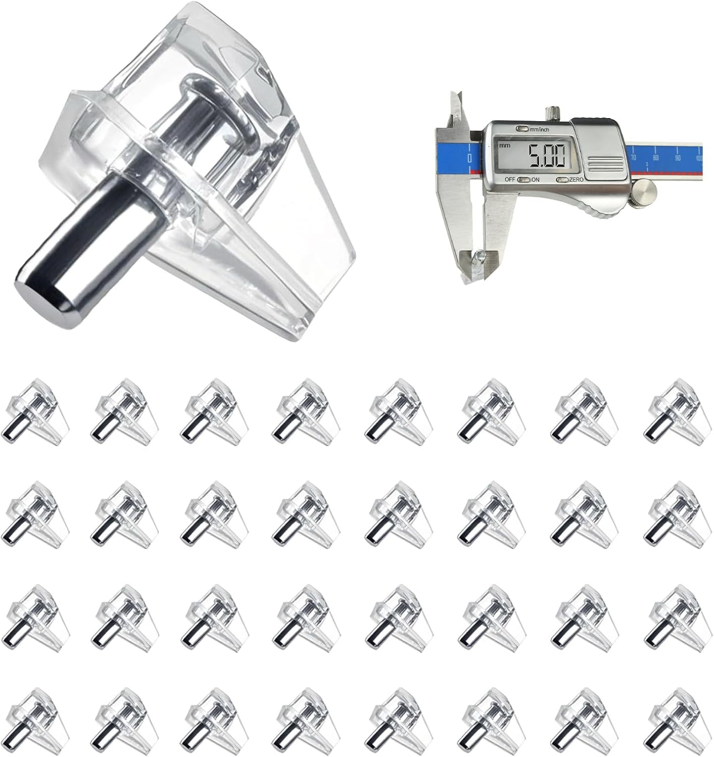 5mm Cabinet Shelf Pegs (32PCS), Clear Plastic Shelf Support Clips, Heavy-Duty Shelf Pins for Bookshelf, Kitchen Cabinet, Glass Cabinet & More