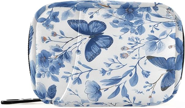 Blue and White Flower Butterfly Pill Organizer Box Case Container Holder 7 Days Weekly Travel Cute Vitamin Dispenser Sorter Planner Storage Small Compact Men Women