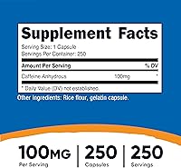 Vista 2 de Nutricost Pastillas de cafeína 100 mg por porción, 250 cápsulas