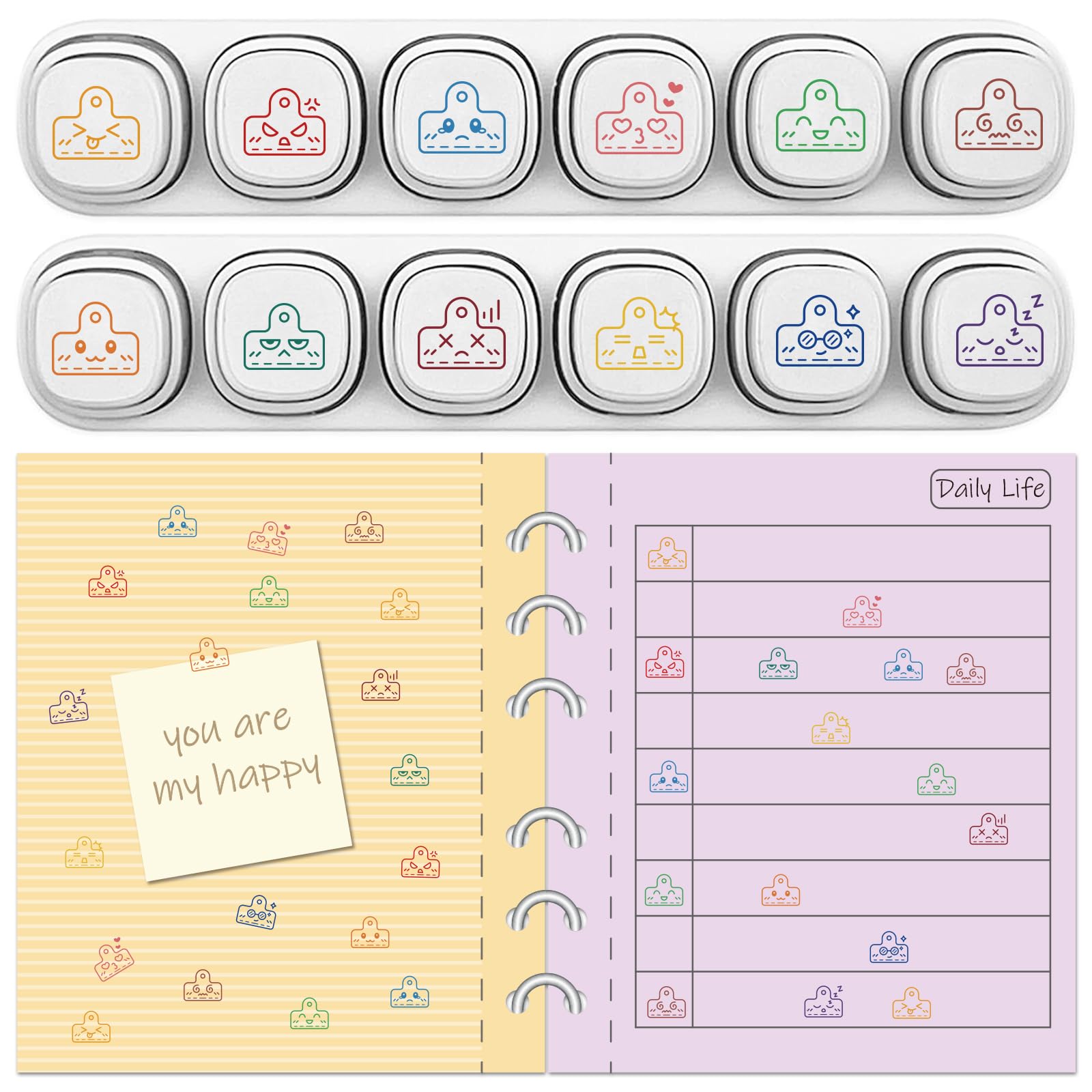 GLOBLELAND 2 Sets 12 Pcs Long Binder Clips Mini Stamps Cute Paper Clip Expression Assorted Stamps Set Plastic Planner Stamps for Daily Journal to-do List Pad Teachers Grading