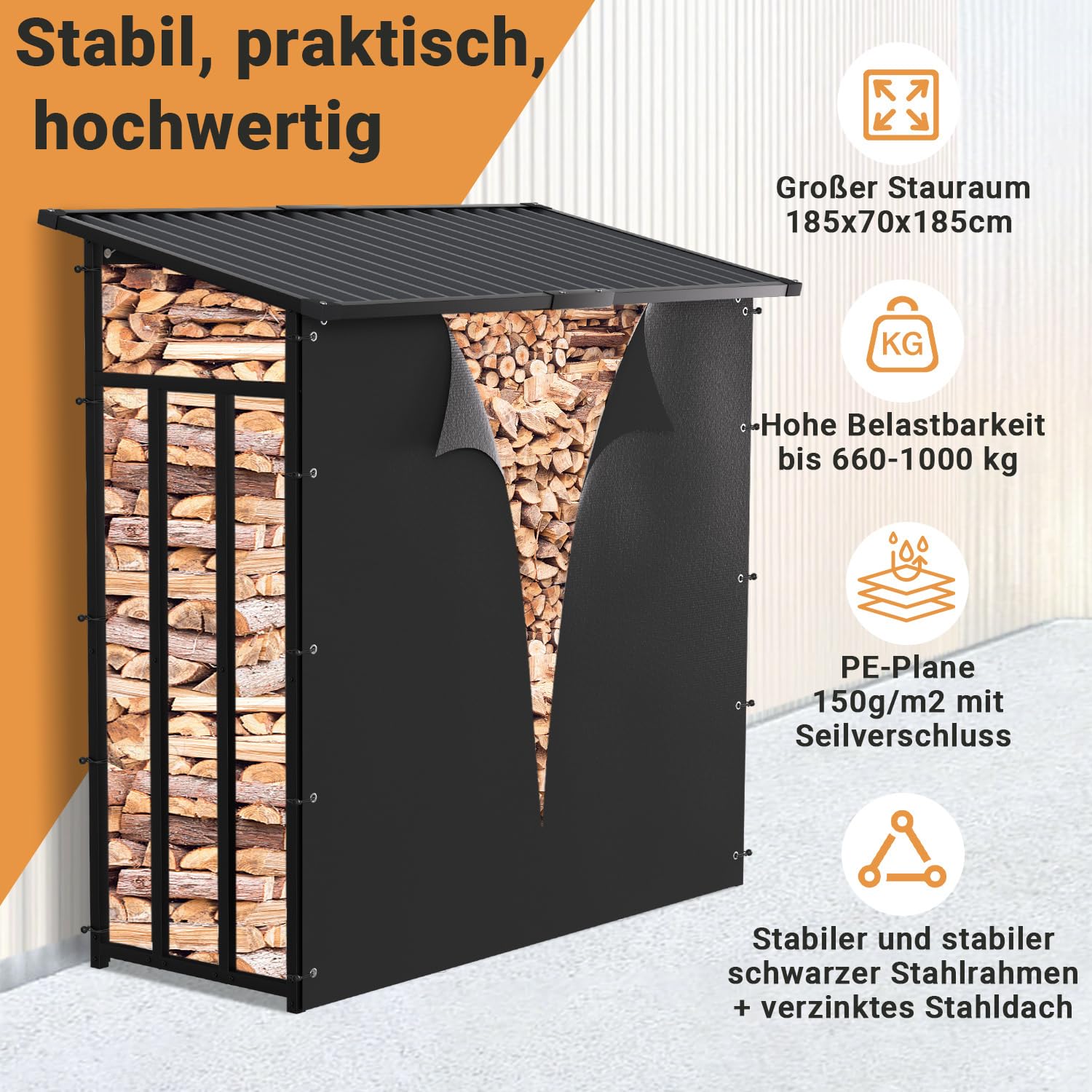 Kaminholzregal Aussen Metall, 185 x 70 x 185 cm, 2,3 m³ | Anthrazit Metall Stapelhilfe mit 2,3 m³ – zum Stapeln von Brennholz im Garten oder auf der Terrasse