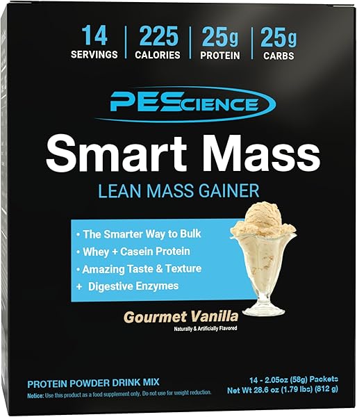 PEScience Smart Mass Gainer, Lean Muscle Weight Gainer, Whey Protein & Casein Protein Blend with Slow-Digesting Carbs, Maltodextrin-Free, 14 Packets - Gourmet Vanilla
