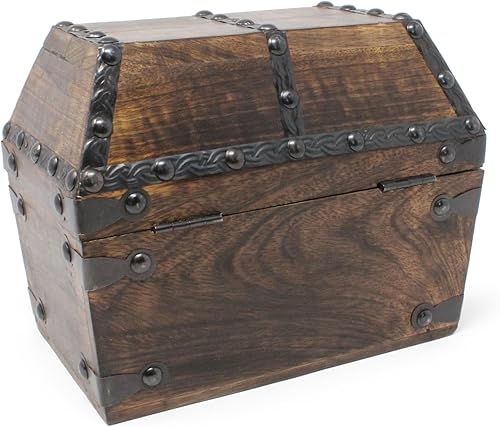 Miniatura 3 de Nautical Cove Cofre del tesoro pirata angular hecho de madera maciza con remaches decorativos (pequeño 8 x 5 x 6)  Cerradura de hierro y llaves de