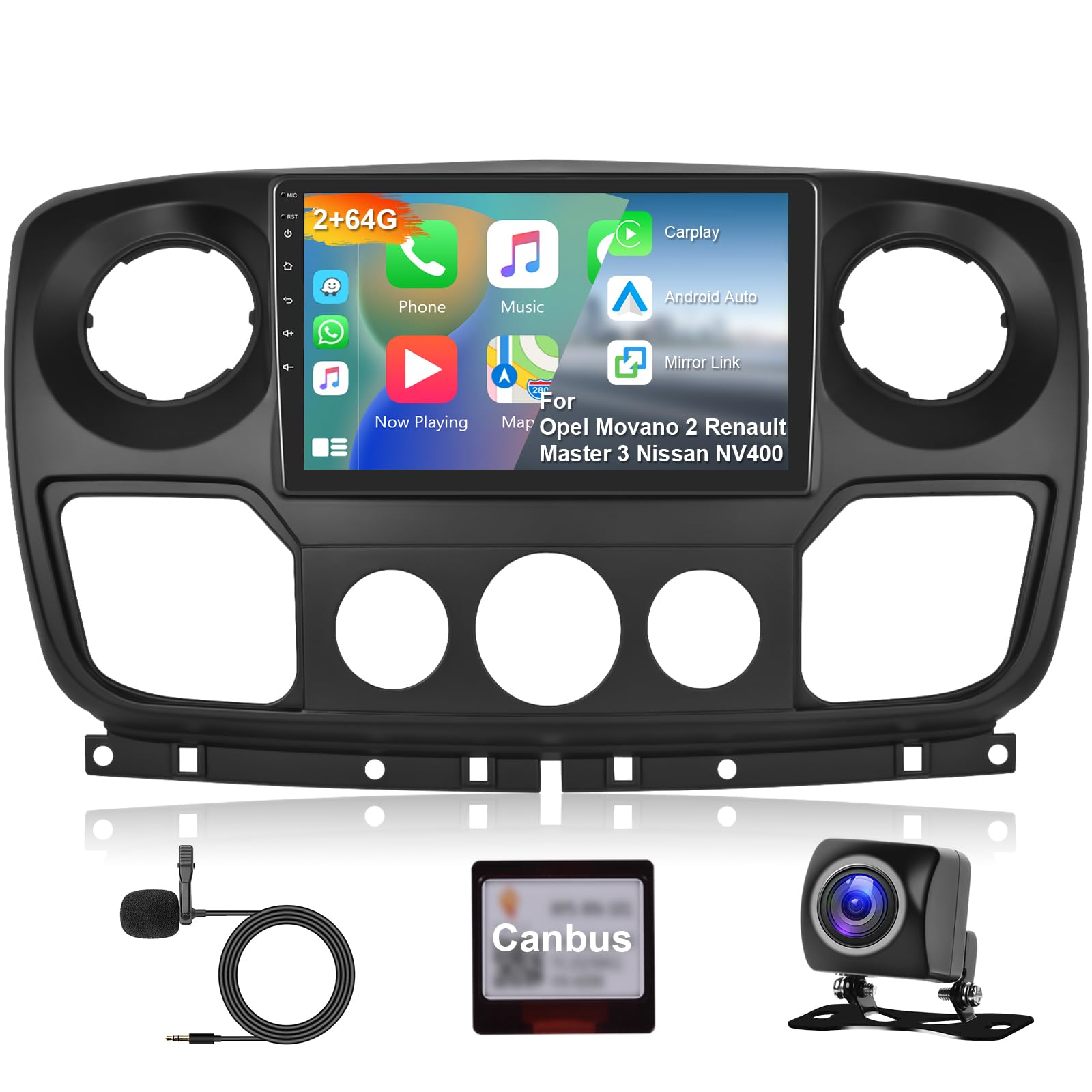 Hodozzy 2G+64GB Android Autoradio pour Opel Movano 2 Renault Master 3 Nissan NV400 2010-2021 Carplay Android Auto, Écran Tactile 10,1 Pouces, WiFi GPS, Bluetooth, FM/RDS Radio Voiture 2 Din + Caméra