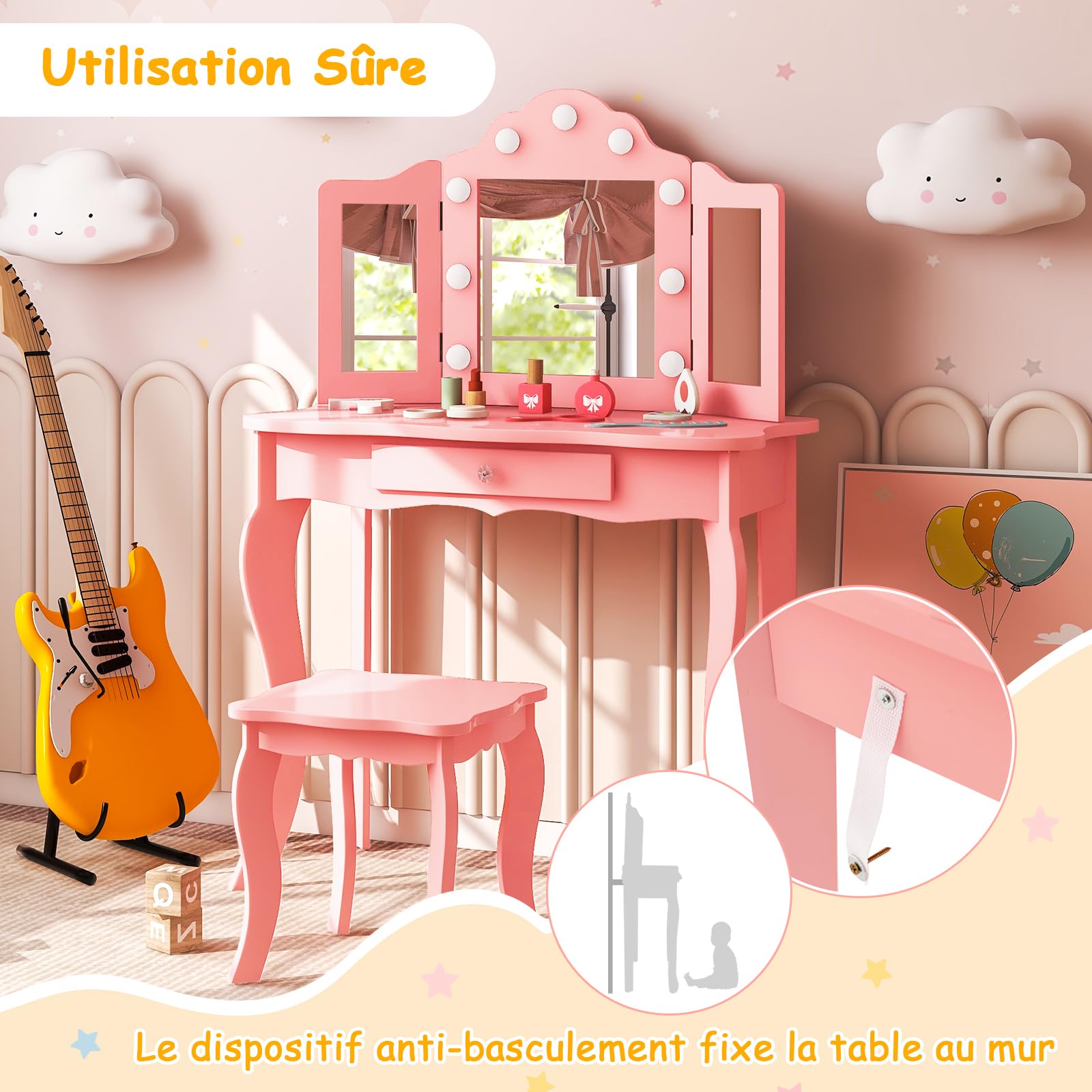 DREAMADE Coiffeuse Enfants Fille avec Tabouret&9 Lumières LED,Table de Maquillage Princesse 3+Ans avec Miroir Amovible&Tiroir&Dispositif Anti-Bascule,Bureau Enfant Charge 50KG(Rose)