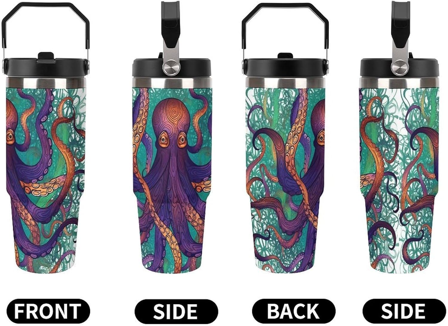 30oz Insulated Tumblers with Top Handle, Stainless Steel Colorful Octopus Car Cup with Straw for Gift, Leak-Proof Double Wall Vacuum Travel Mug, Personalized Water Bottles Black