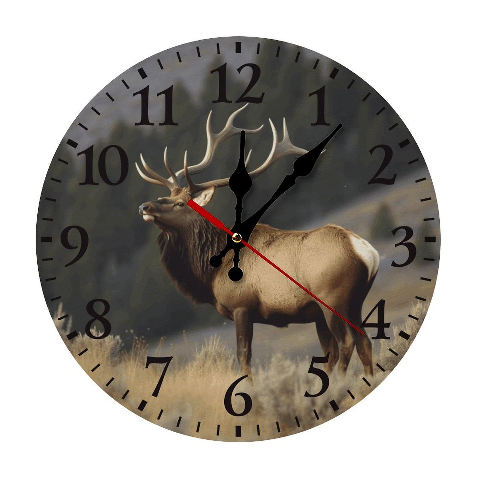FodPand Round Wood Wall Clock with Scale Markers, Silent Non Ticking Analog Clock, Battery Operated Easy to Read Decorative Bull Elk Wall Clocks for Home Kitchen Living Room Office