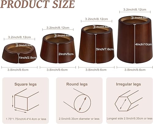 Miniatura 9 de Bloques elevadores de madera para muebles de cama, juego de 4 elevadores de cama de 3 pulgadas, elevadores redondos de madera maciza resistentes que