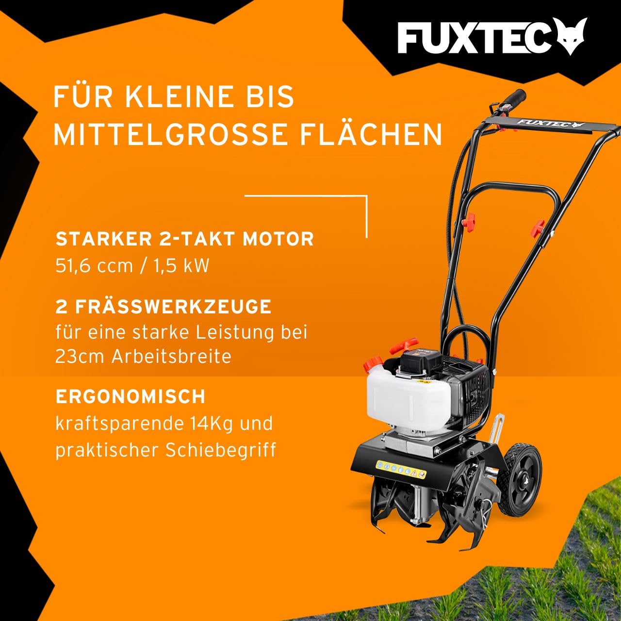 FUXTEC Ackerfräse FX-AF152 – Motorhacke, Bodenfräse mit 2 Takt Motor und 23 cm Breite, einem 51,6 ccm Hubraum, 2 Fräswerkzeuge mit einer Höhe von 70mm - netto Gewicht von 14 Kg