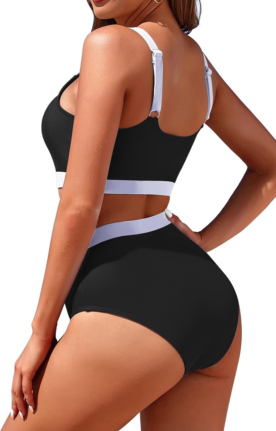 Womens High Waisted Bikini Sets Sporty Crop Top Color Block Swimwear Bandeau Scoop Neck Vintage Two Piece Bathing Suits - Image 2