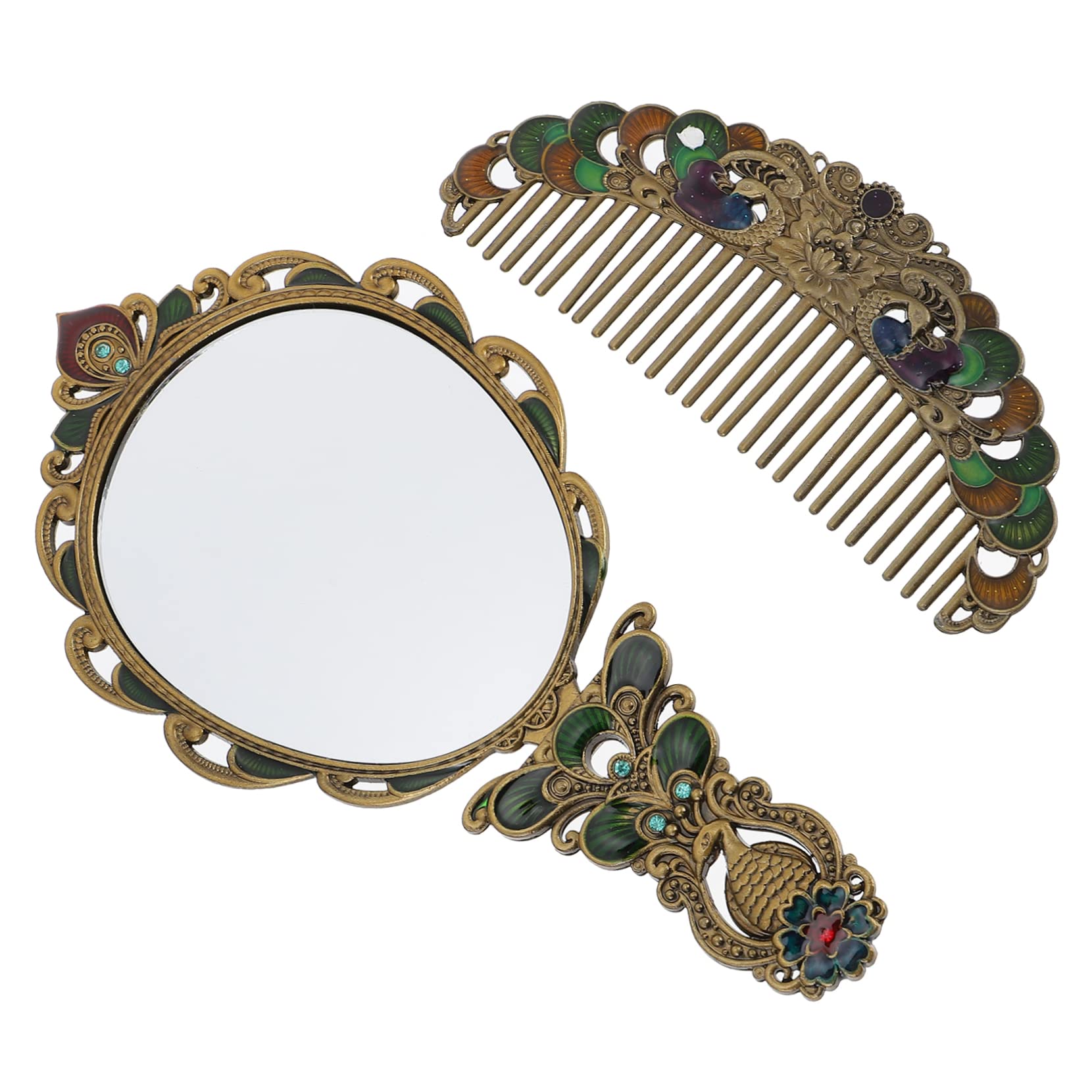 juego de espejo de peine de pavo real, espejo de mano vintage, peines de maquillaje de mano para mujeres, espejo cosmético de mano, espejo de maquillaje vintage, espejo de mano plegable de aleaci