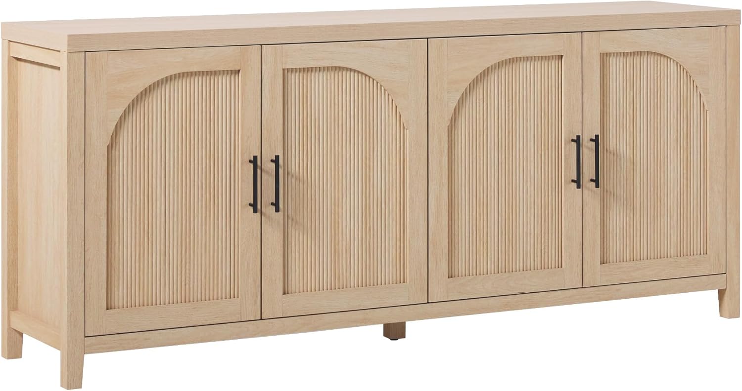 Walker Edison Sasha 4-Door Reeded Sideboard Buffet with Cord Management, 70 Inch, Coastal Oak Reeded 70 Inch Coastal Oak