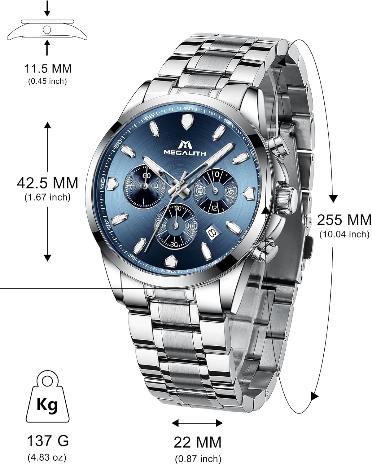 Diagram showing the dimensions of the MEGALITH watch: case diameter 42.5mm, case thickness 11.5mm, band width 22mm, band length 255mm, and weight 137g.