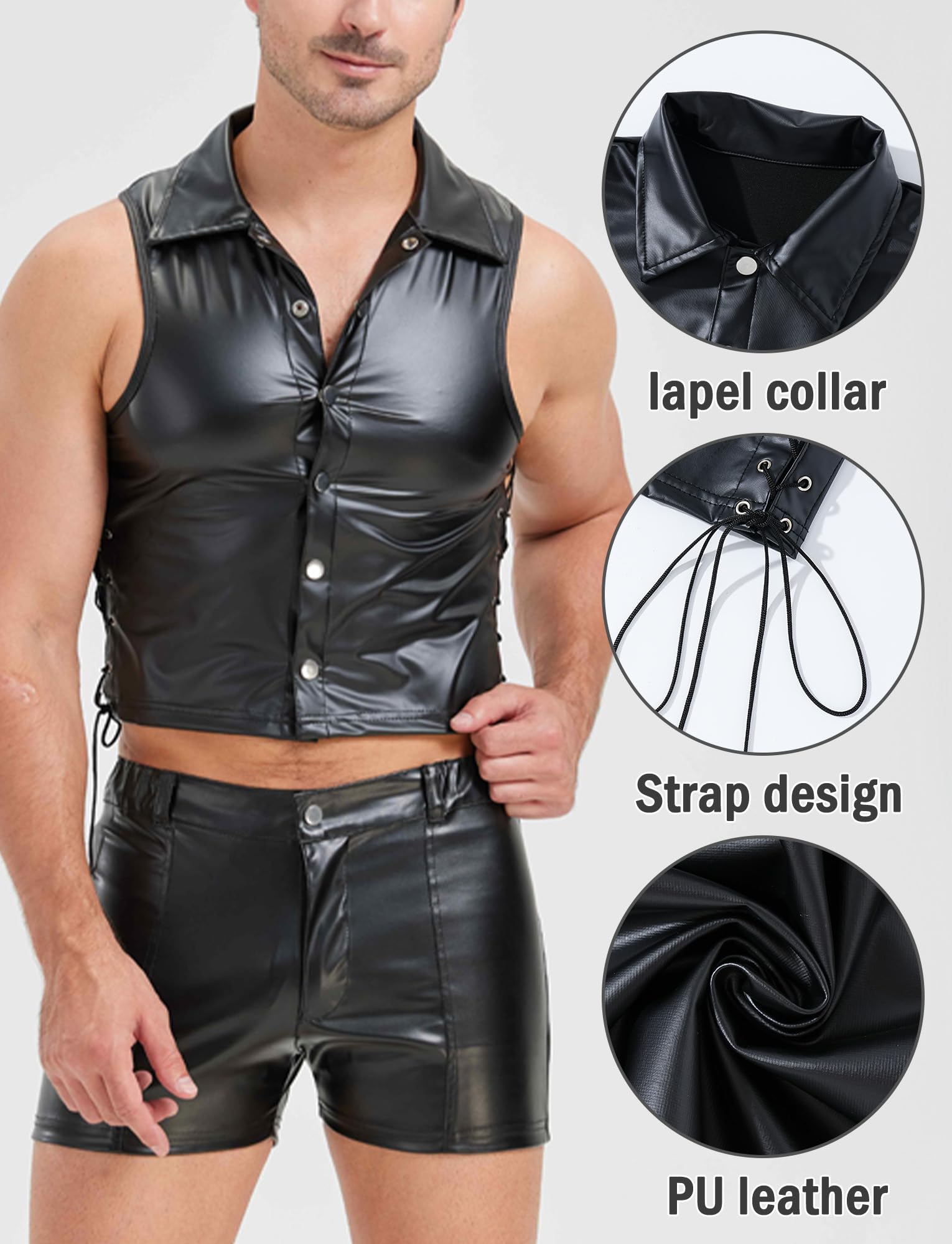 FEOYA Camisetas de látex para hombre, sin mangas, sexy, aspecto mojado, camiseta de látex similar a los hombres, negro, piel sintética, sin mangas, erótica, para hombre