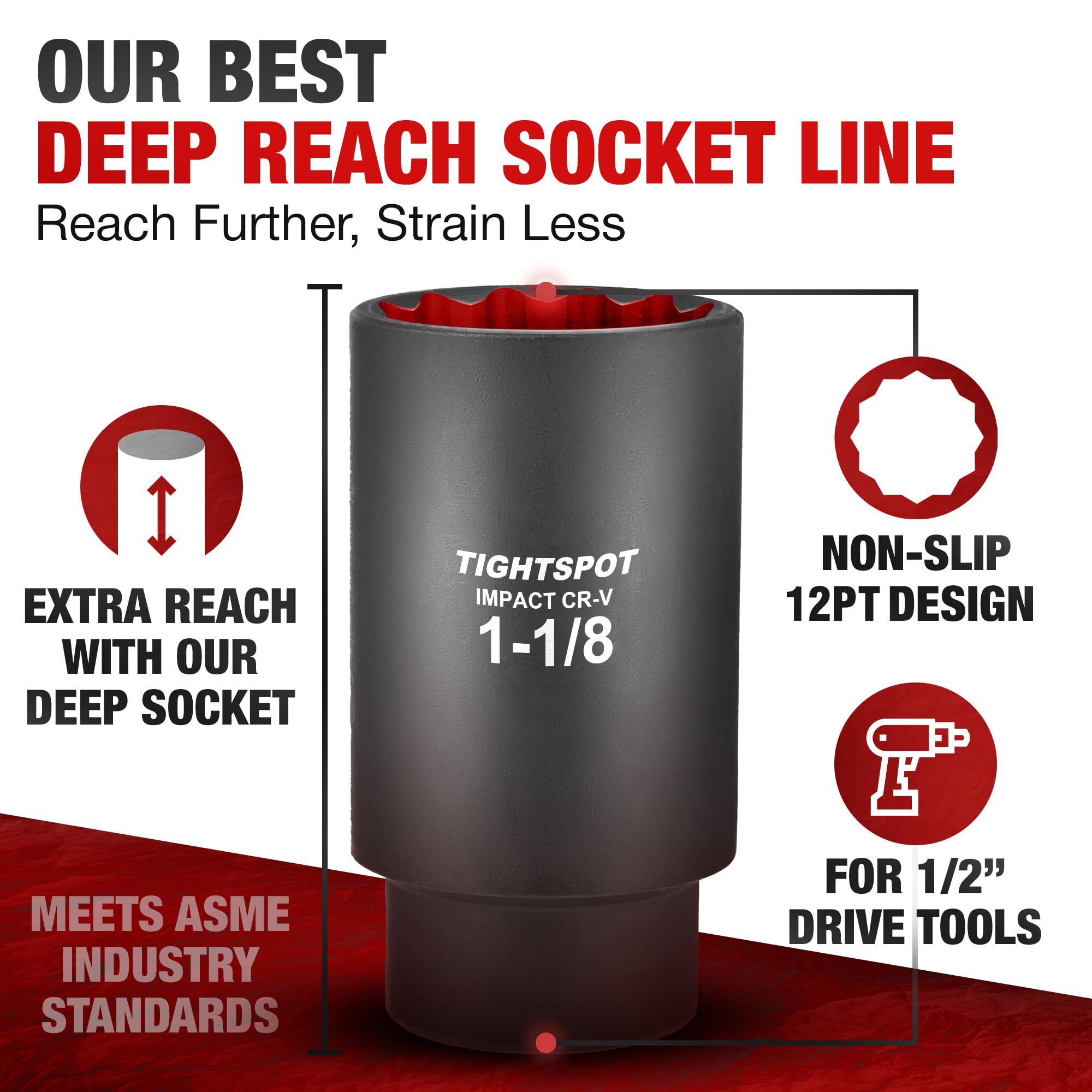 TIGHTSPOT Llave de vaso de impacto de 1/2 pulgada de profundidad de 1 1/8 pulgadas con diseño de 12 puntos antiredondeo, acero CRV tratado térmicamente