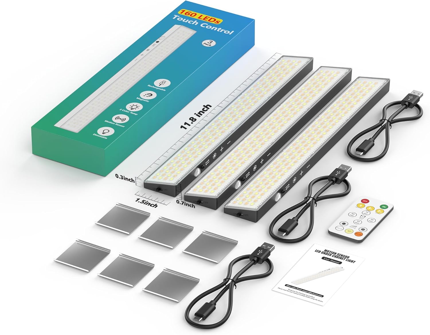 3Pack Touch Control Under Cabinet Lighting, 160LED Super Bright, 4000mAh Long-Lasting, Magnetic Rechargeable Motion Sensor Under Counter Lights for Kitchen, Closet, Remote, Dimmable, 3CCT丨Black