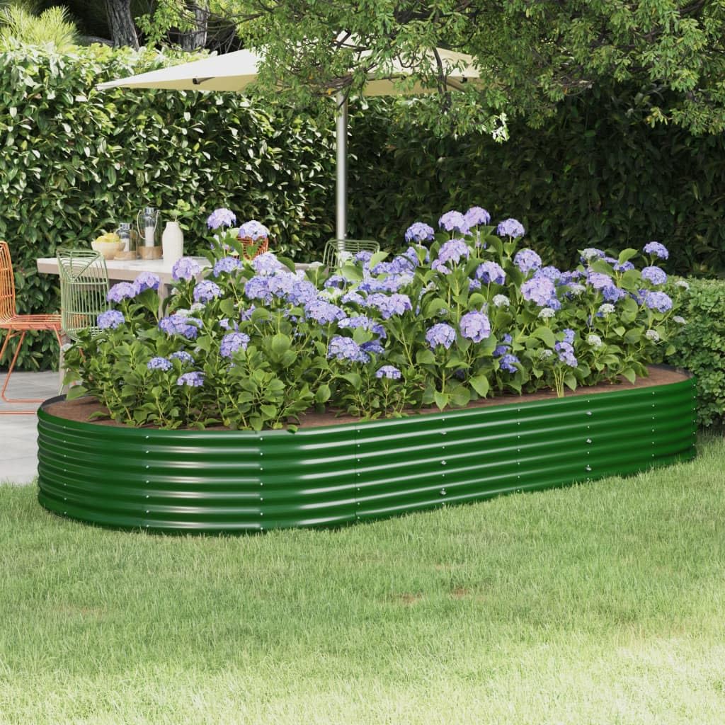 Jardinera ovalada de acero galvanizado verde 296 x 140 x 36 cm para jardín, balcón, terraza, resistente a las heladas con almacenamiento de agua, caja grande para hierbas, verduras y macetas