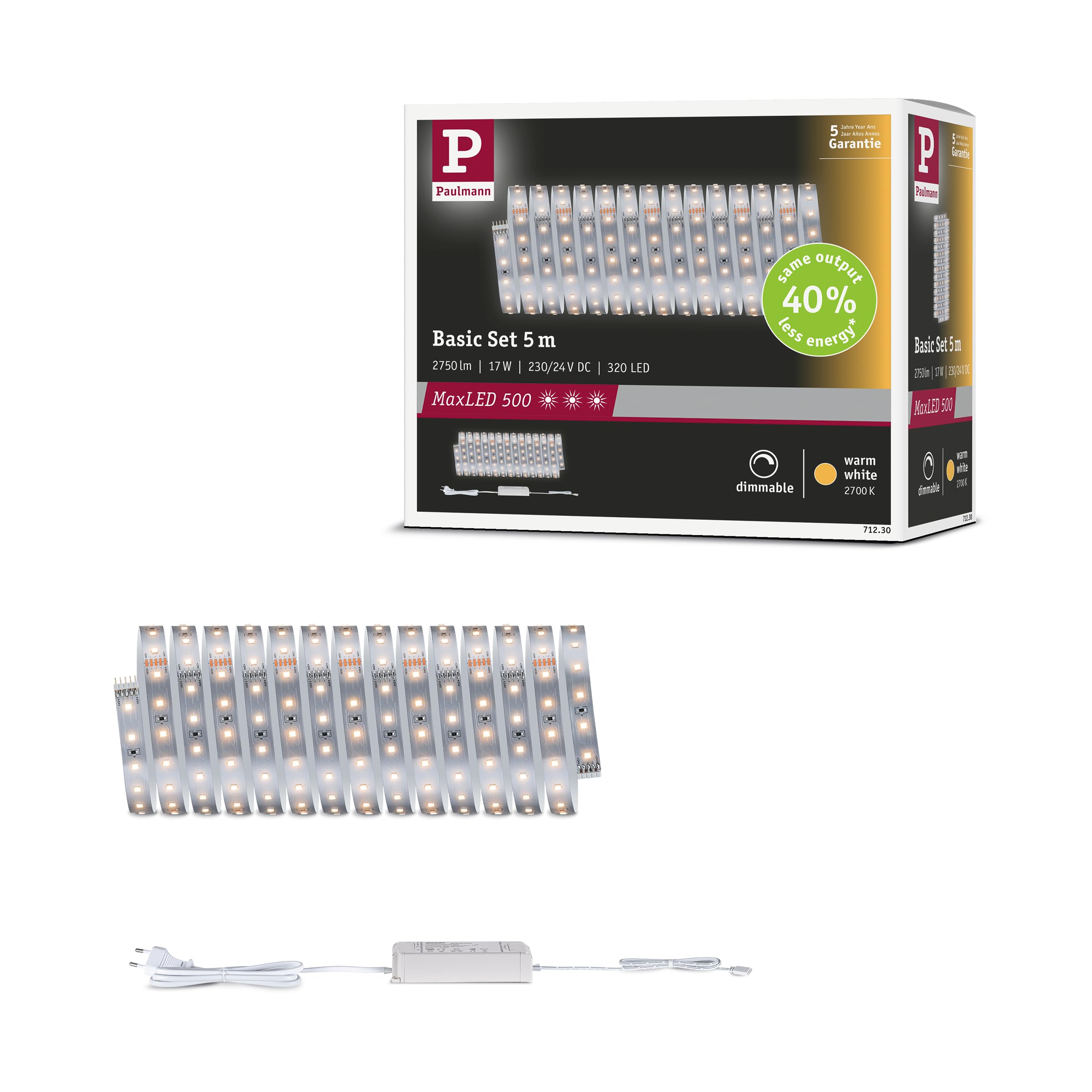 Paulmann MaxLED 500 LED Strip Basisset 5m Warmweiß 17W 550lm/m 2700K 30VA 71230