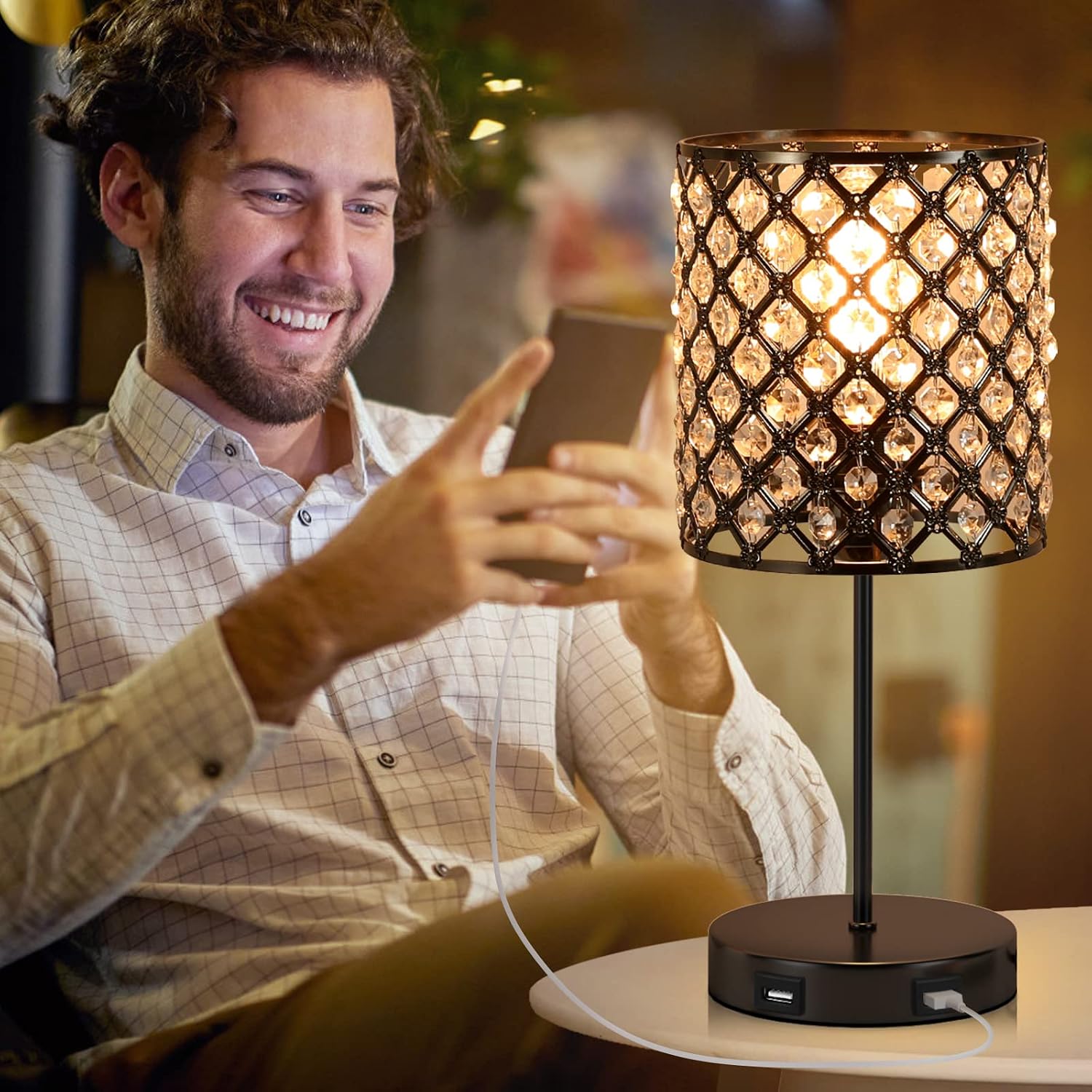 Touch Control Crystal Table Lamp - Desk Small Lamp with Dual USB Charging Ports, 3-Way Dimmable Bedside Light with Bulb, Modern Nightstand Lamp for Bedroom Living Room-Black(Light Bulb Included)