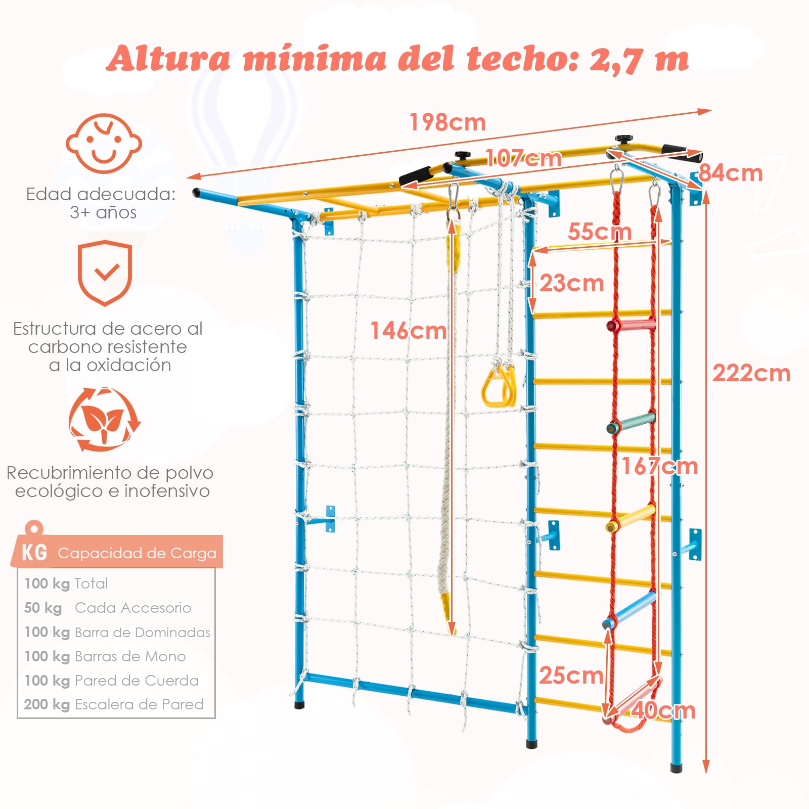 COSTWAY 7 en 1 Juego de Escalada para Niños, Gimnasio de Interior con Muro de Cuerda, Escalera de Pared, Barra de Elevación, Escalera de Cuerda, Cuerda y Anillos de Gimnasia para Niños de 3+ Años