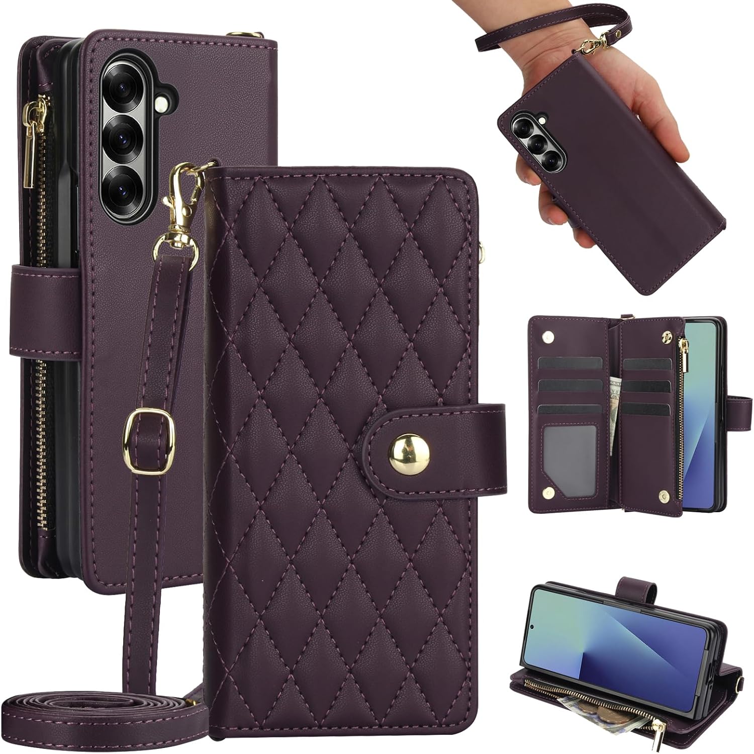 Asuwish Phone Case for Samsung Galaxy Z Fold 7 with Zipper Wallet Cover Card Holder Slot Stand Flip Wrist Strap Purse Cash Pocket Mobile Leather Cell Accessories ZFold Z7 G Fold7 7Z Women Men Black