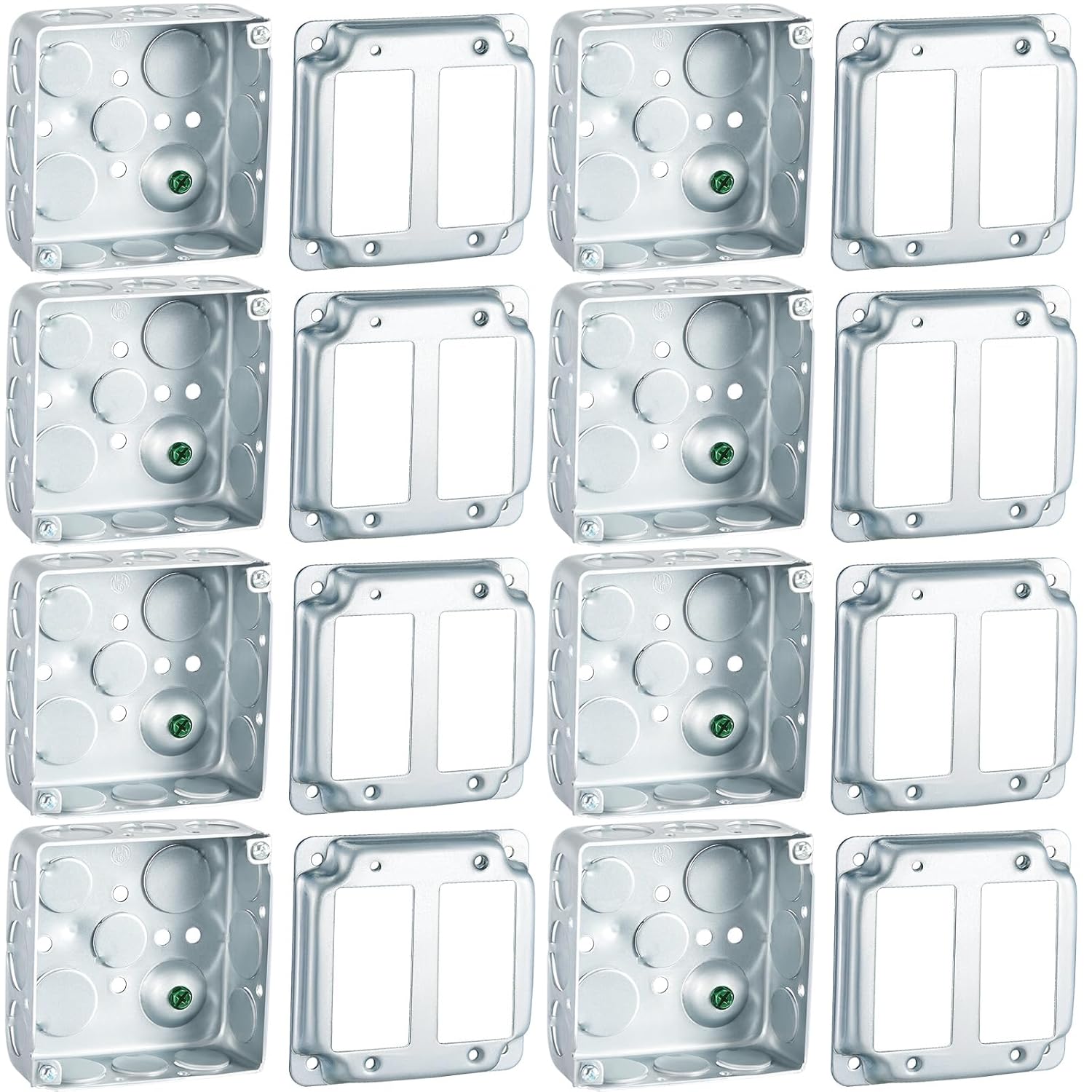 8 Set 4 × 4" Electrical Junction Box with Cover Electrical Metal Outlet Box, 21.0 Cu. in. Capacity Receptacle Exposed Work Cover, 1-1/2'' Deep (Double Duplex Receptacle)