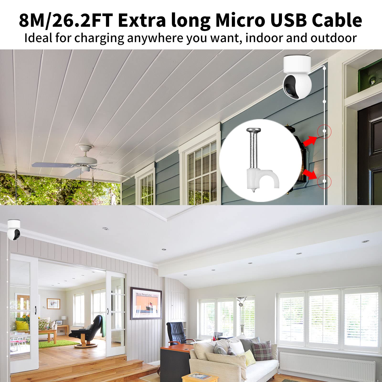 ACAGET Cavo Micro USB 8m per XIAOMI Camera 2K/Pro per XIAOMI (1080p),Cavi di Prolunga di Alimentazione Telecamere di Sicurezza per YI/Cloud Camera,Wyze/Nest/Arlo Q/Furbo Dog Cam