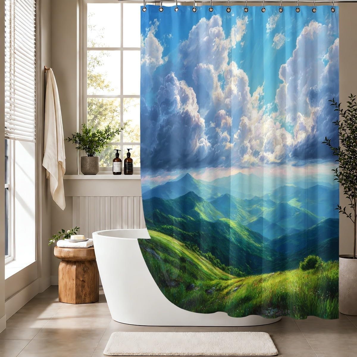 Blu Verde Tenda da Doccia 240x200 cm Poliestere Antimuffa e Lavabile | Cielo Azzurro Montagne Paesaggio Impermeabile Facile da Pulire Asciugatura Rapida per Vasca da Bagno e Box Doccia