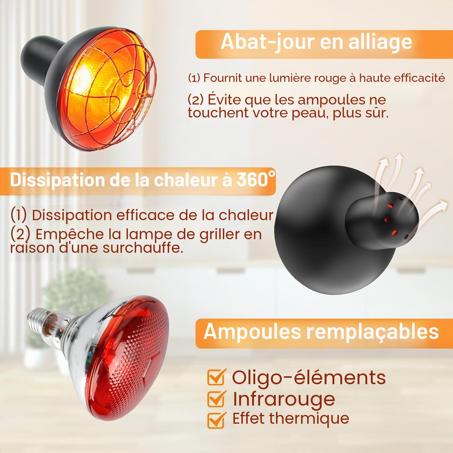 Lampe infrarouge 150W, température réglable | Chaleur 30–60°C, +50% pénétration, 10 niveaux, minuterie 5–60 min, hauteur 58–116cm