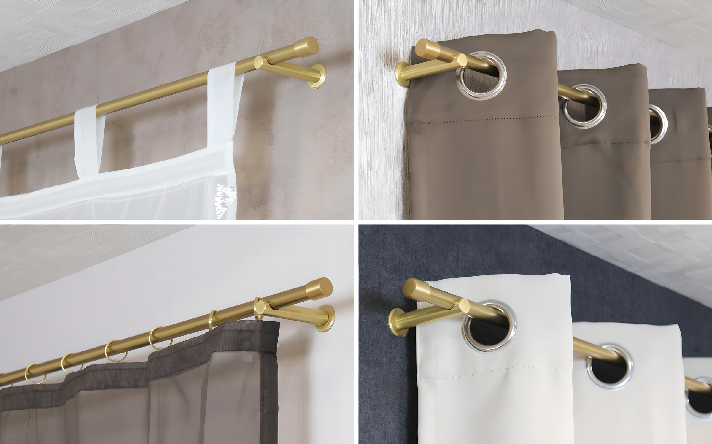 Gardinenstange Farbe Messing matt 16 mm mit Endstück Kappe, Komplettset aus Metall zur Wandmontage, Gardinenringe inklusive, Montage mit 1 Schraube pro Wandhalter, 240 cm (2 x 120 cm)