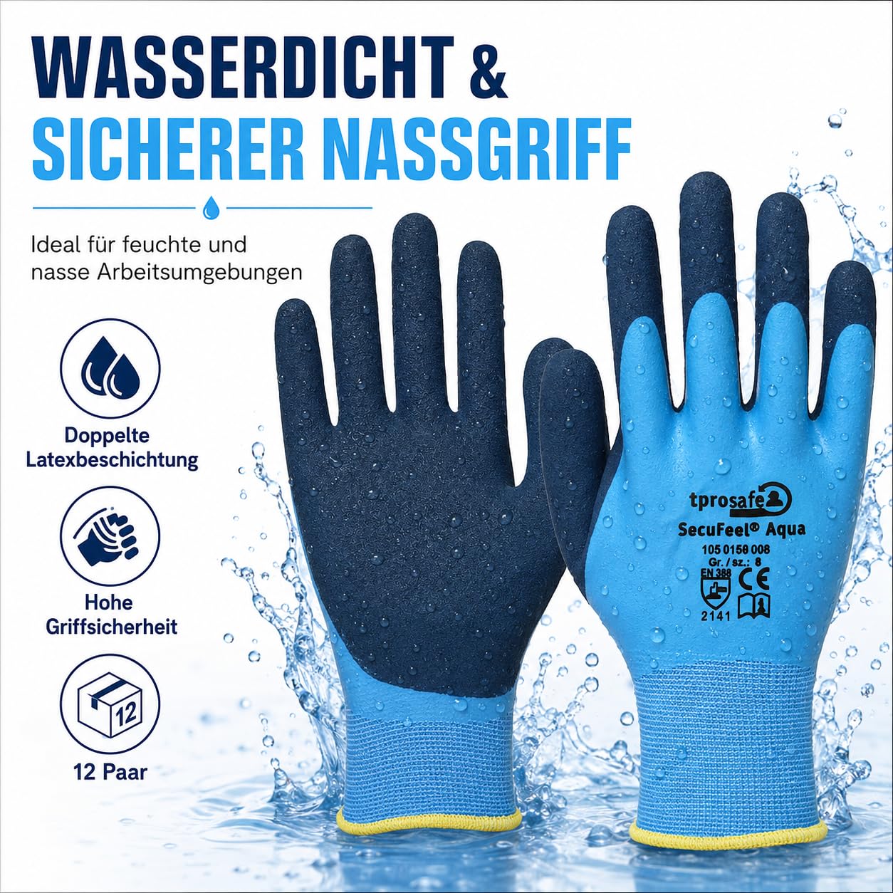 SecuFeel Aqua 12 Paar Arbeitshandschuhe Gr. 11 | Wasserdicht | Nassgriff Feinstrickhandschuhe mit doppelter Latexbeschichtung für Gartenbau, Gerüstbau und Landwirtschaft | CAT II