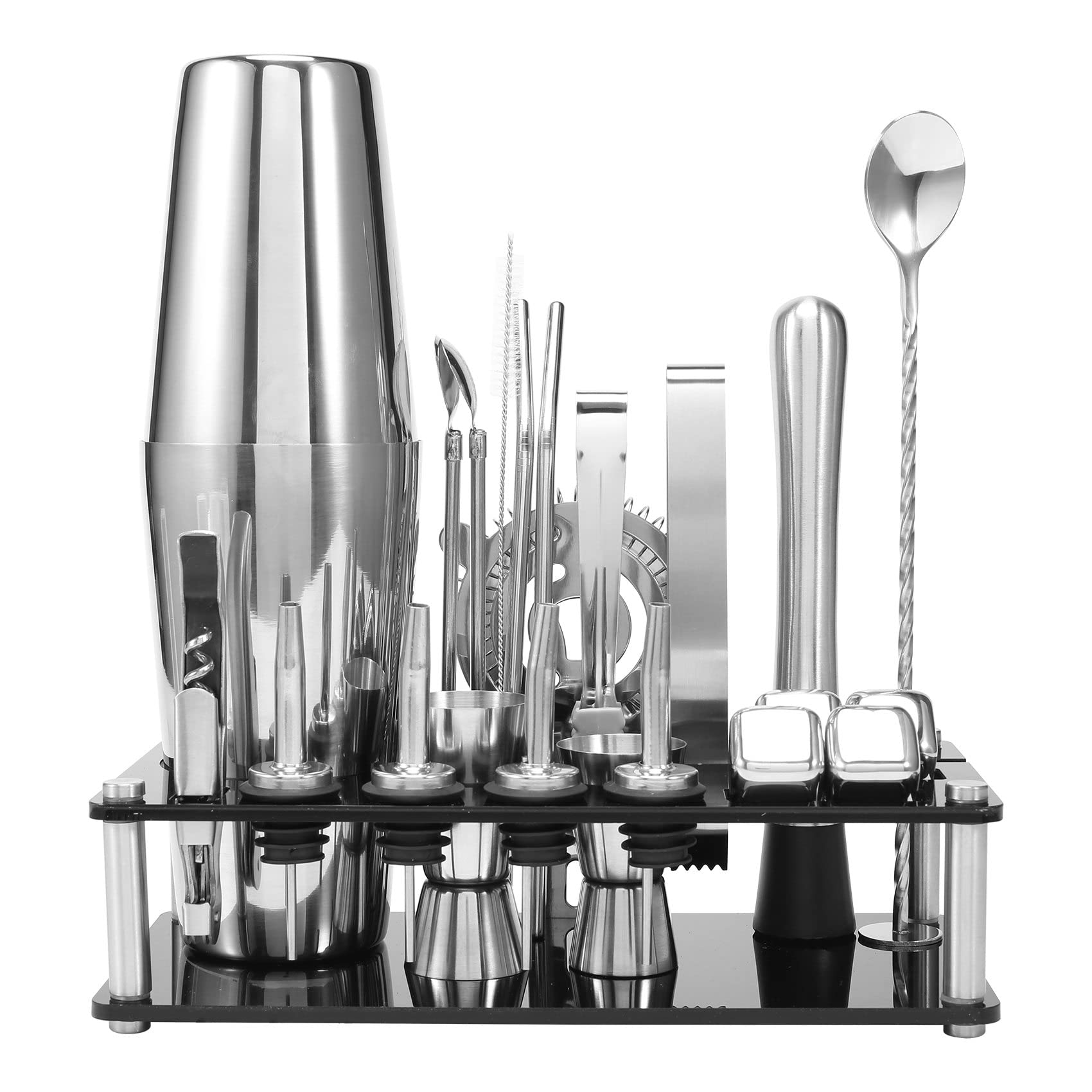 Seprendi Silver Cocktail Shaker Set, Boston Stainless Steel Bartender Kit With Acrylic Stand & Cocktail Recipes Booklet