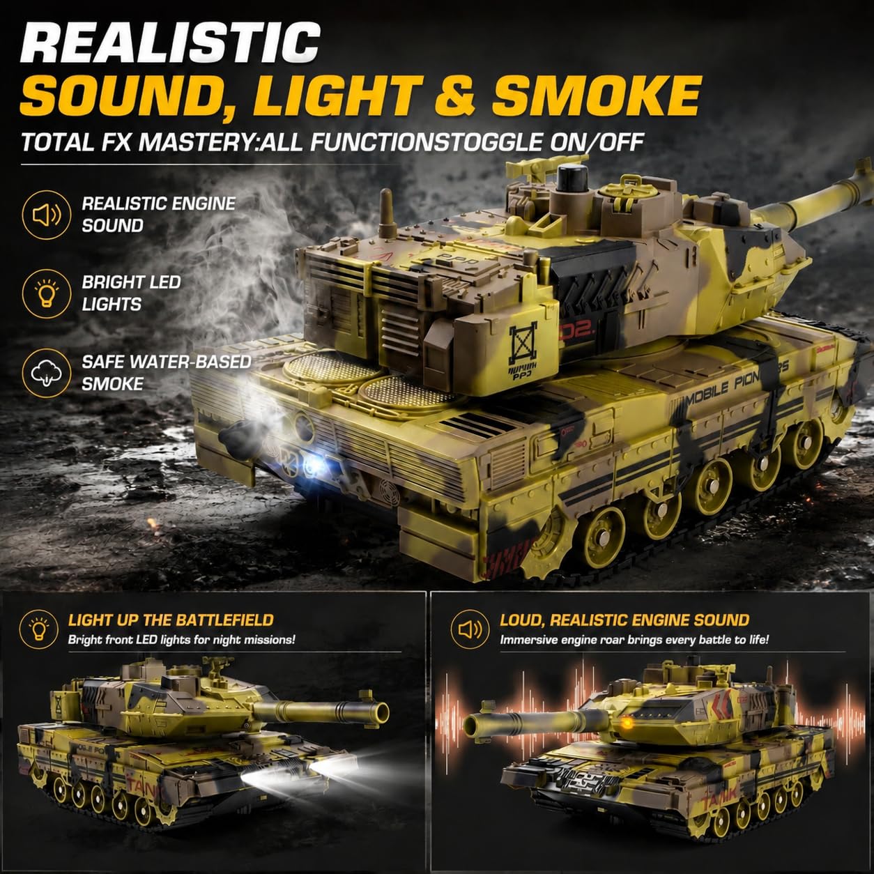 Tanque RC que dispara, modelo de vehículos militares de 2.4 GHz con torreta giratoria de 360°, demostración automática, sonido, humo y luz, tanque militar de control remoto para adolescentes y