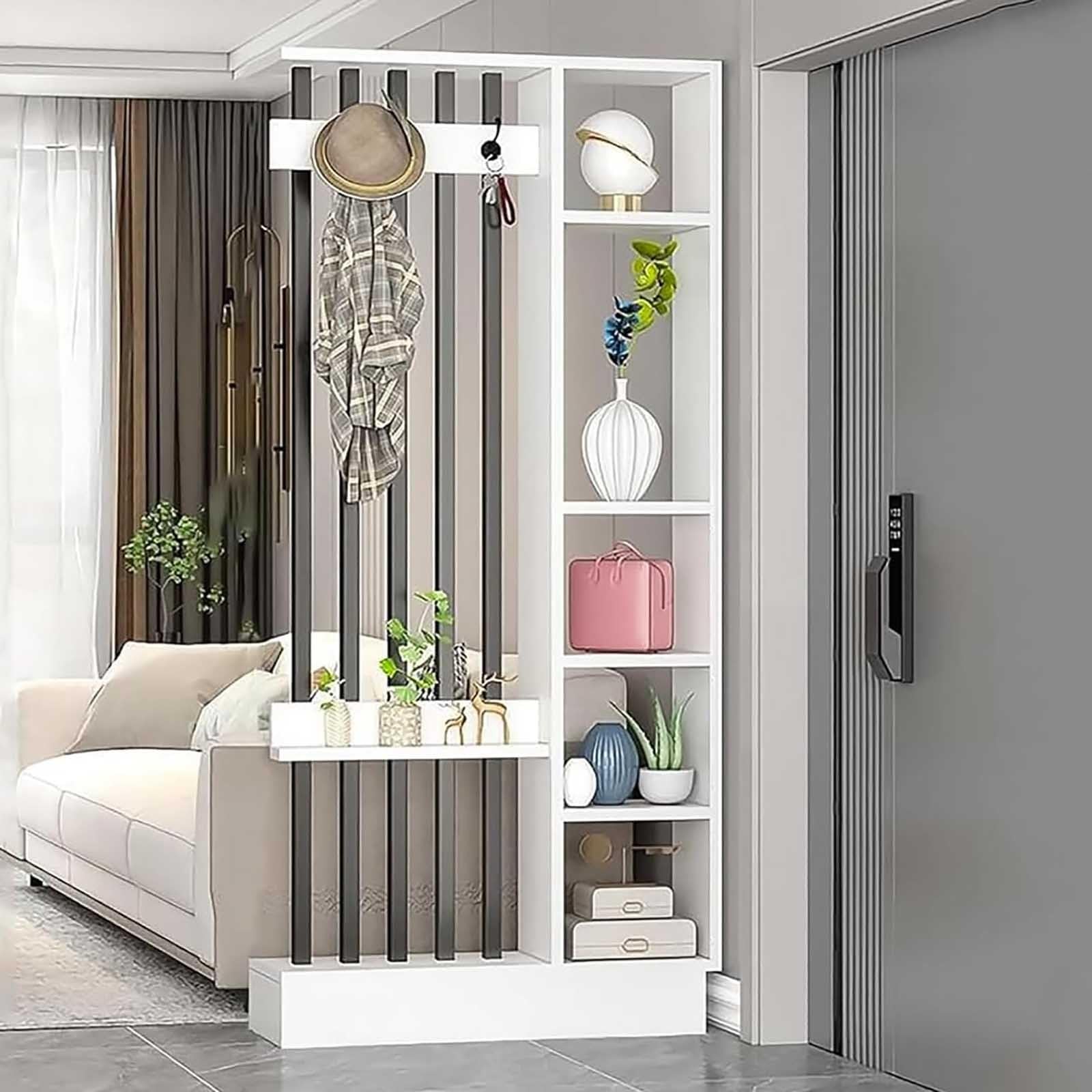 Separador de ambientes de pared, columna divisoria de entrada de pie, con armario perchero y estante expositor, biombo de privacidad de madera, columna separadora de habitación(White+black,80cm/31.5in