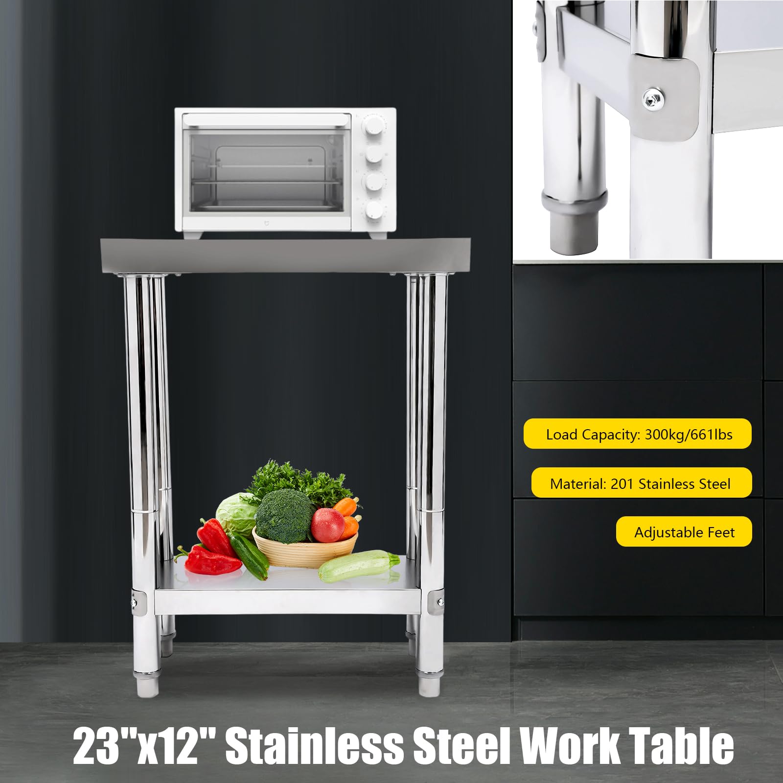 Mesa de trabajo de acero inoxidable para cocina, 60 x 30 x 85 cm, de acero inoxidable, con pies, capacidad de carga máxima de 661 libras, mesa de acero inoxidable al aire libre para la preparación de
