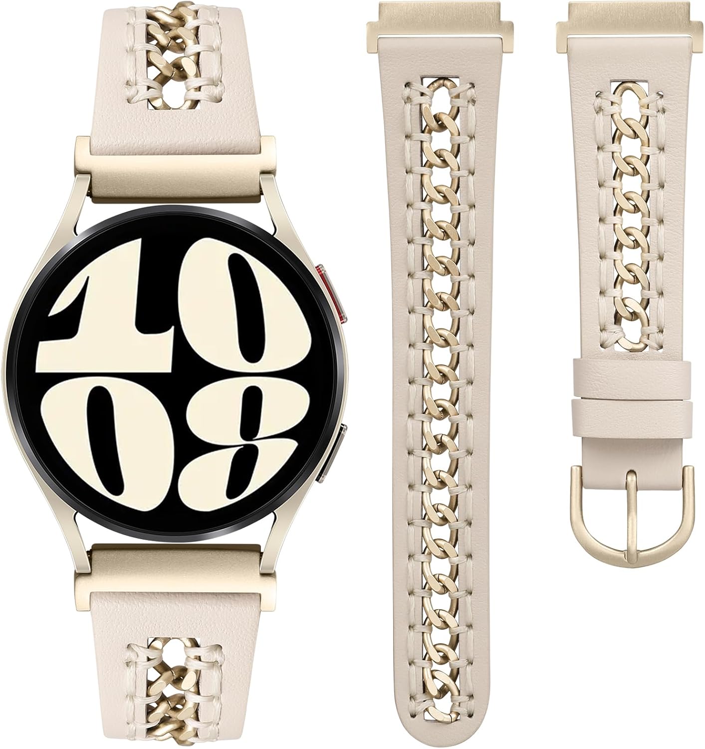 Minyee Leather Band Compatible with Samsung Galaxy Watch 7/6/5/4/FE/Active 2 40mm 44mm/Watch 6 Classic 43/47mm/Watch 5 Pro 45mm Bands, 20mm Dressy Leather Strap with Stainless Steel Metal Chain Women