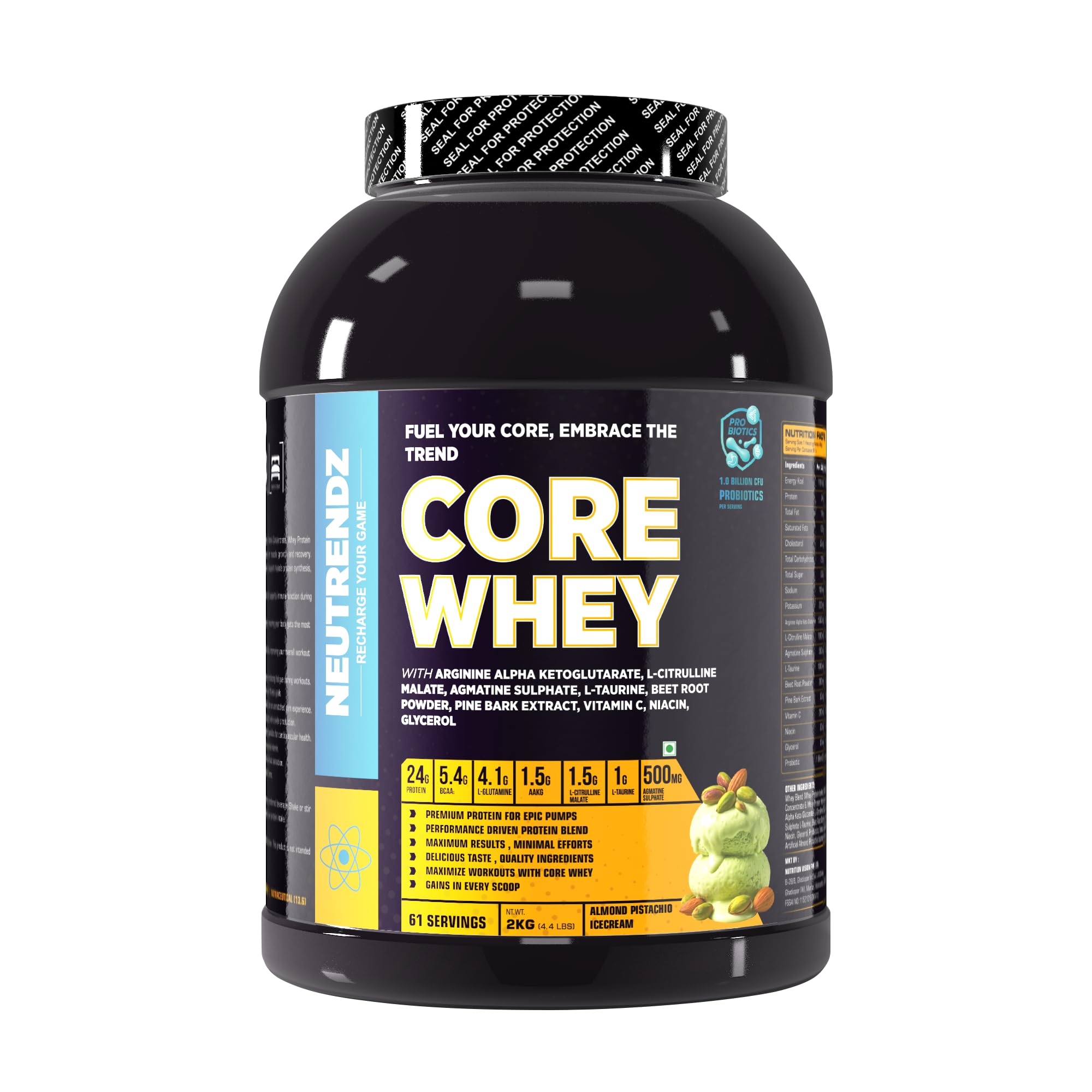 CORE WHEY 24G PROTEIN | TRIPLE BLEND PROTEIN (WPI, WPC, WPH) | WITH BCAA, GLUTAMINE & PROBIOTICS | PERFORMANCE & RECOVERY SUPPORT (2kg, Almond Pistachio Ice Cream)-image-48