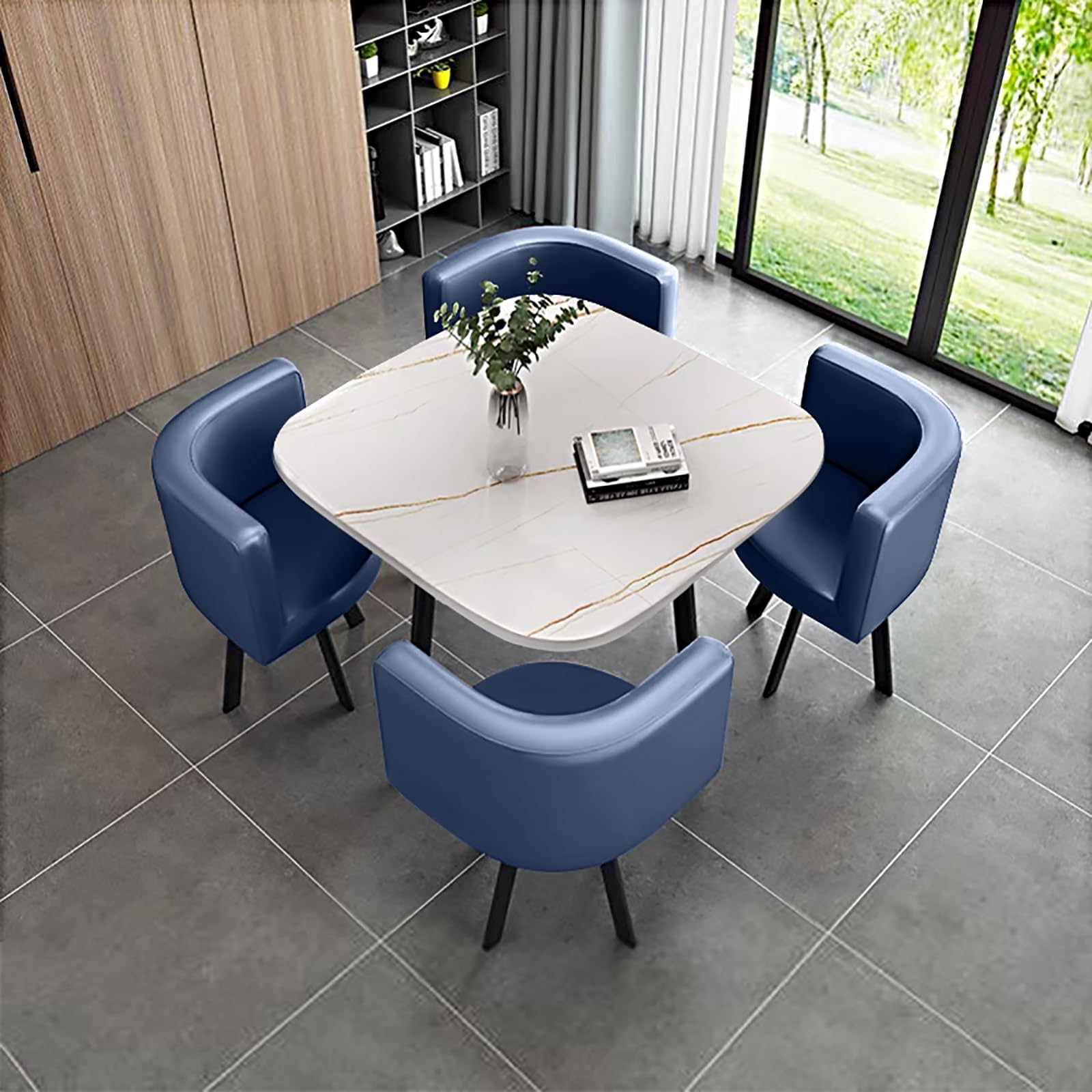 Round Dining Table Set for 4 with Marble Top and Chairs Office Reception Desk and Chair Set Suitable for Lounge Living Room Modern Furniture Dining Set,Purple-Square-Leather