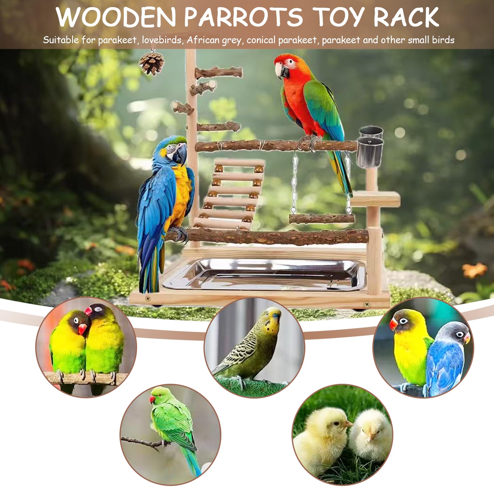 Honicemar Aves Juego Stand - Bird Playground Puesto de Madera para Loros Aves Stand con Percha Escalera Columpio Comedero Bandeja y Juguetes de Gimnasio de Ejercicios para Pájaros Pequeños y Medianos — view 5