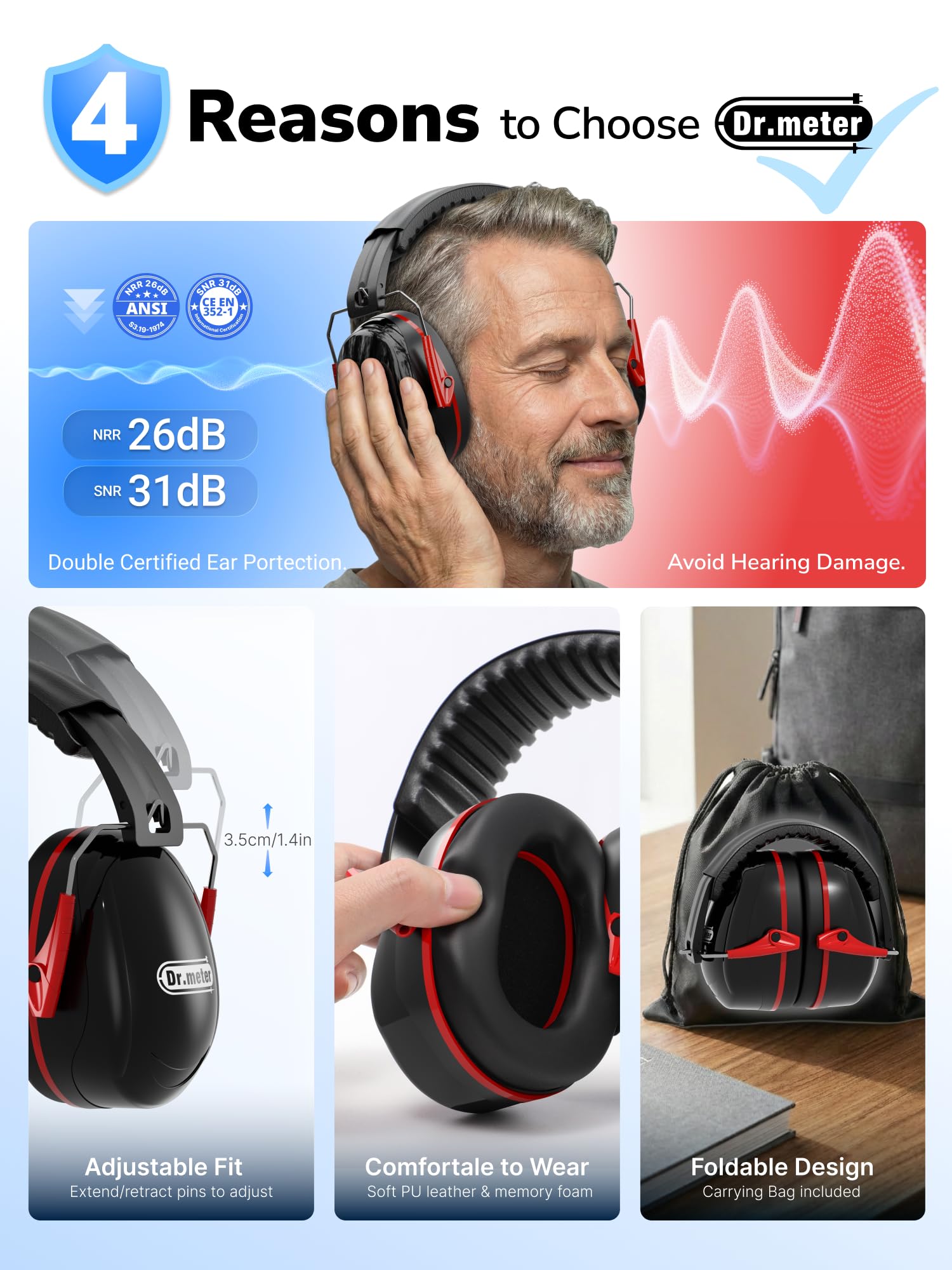 Dr.meter Ear Protection Ear Muffs for Adults Kids Noise Reduction 31dB view 6