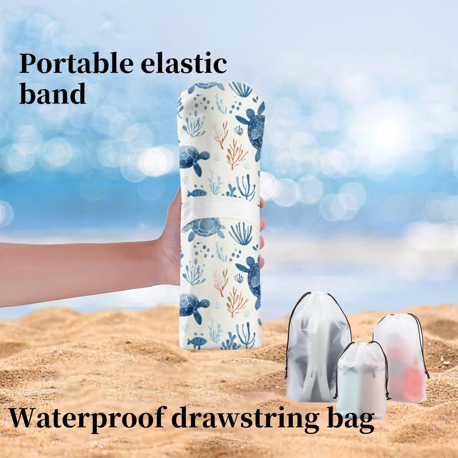 Duży ręcznik z mikrofibry XXL 220 x 100 cm ręcznik plażowy koralowy żółw ręczniki gimnastyczne szybkoschnące cienkie i kompaktowe ręczniki kąpielowe z torbą, ręcznik plażowy odporny na piasek dla