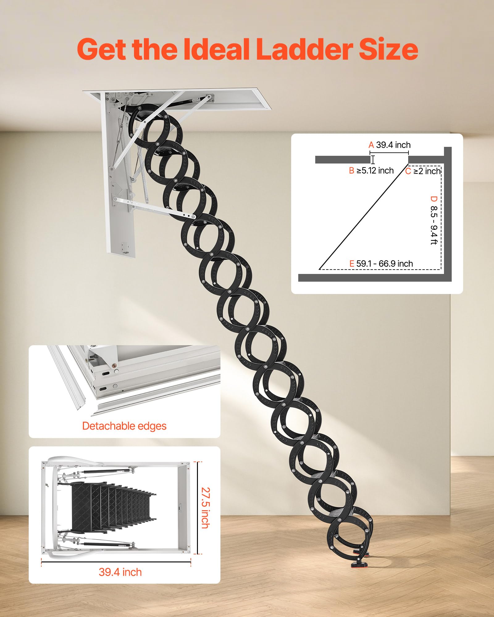 VEVOR Dachbodenleiter, Tragkraft 299,4 kg, passend für Deckenhöhen von 2,6 bis 2,85 m und Öffnungsgröße von 1000,76x698,5 mm, Scherentreppe aus legiertem Stahl mit Zugstange für Dachboden