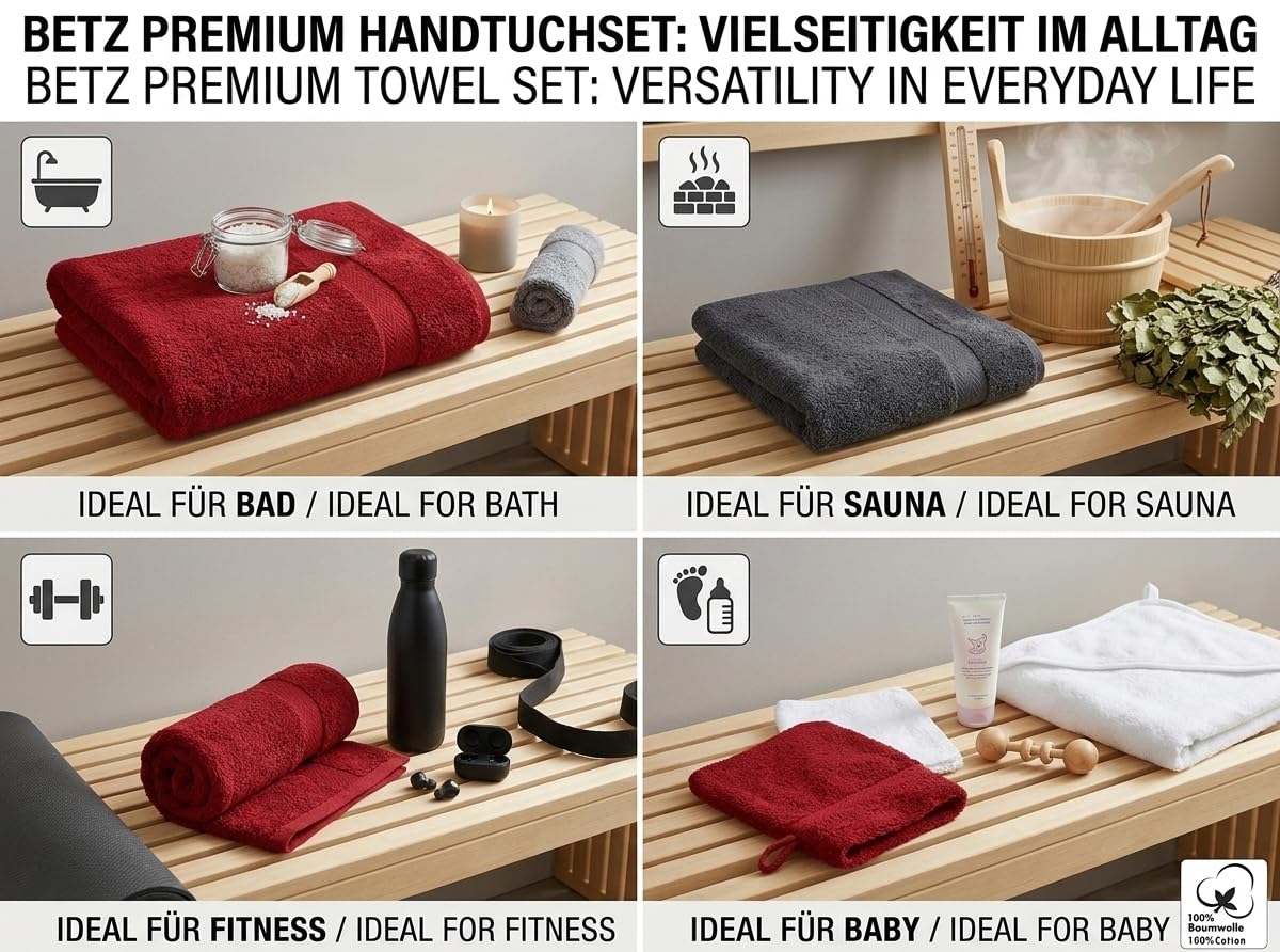 Betz Premium Handtuch-Set 12-teilig, Oeko-TEX Standard 100, 100 % Baumwolle, 470 g/m², 2 Duschtücher, 4 Handtücher, 2 Gästetücher, 2 Seiftücher, 2 Waschhandschuhe - Farbe rubinrot/Graphit